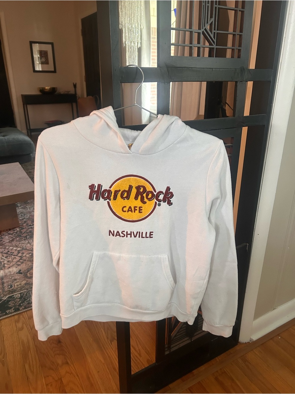 Hard Rock Cafe White Hoodie with Yellow & Maroon Logo
